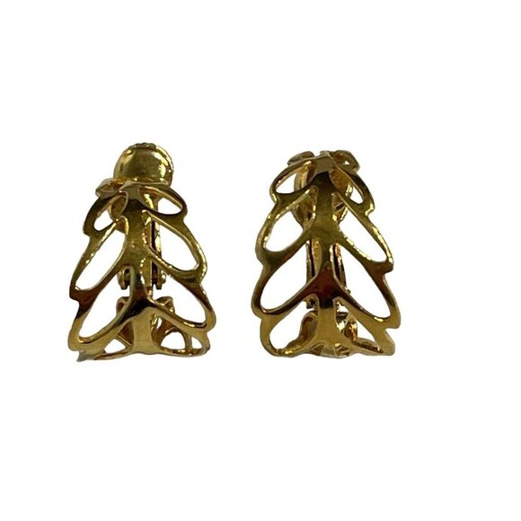 Vintage Signed Napier Gold Tone Open Leaf‎ Hoop Earrings Screw Back Clips - Picture 1 of 8